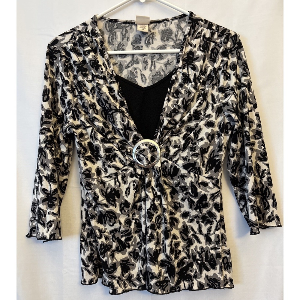Vintage Covington Women's Black O-Ring Faux Layered Y2K 90s 3/4‎ Sleeve Blouse M